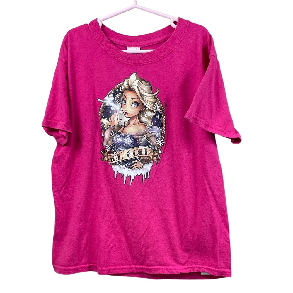 Disney Frozen Elsa Ice Cold Graphic T Shirt‎ Girls Hot Pink Tee